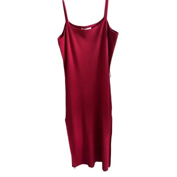 Aster Womens Square Neck Sleeveless Side‎ Slits Ribbed Bodycon Dress Red Large - Picture 1 of 3